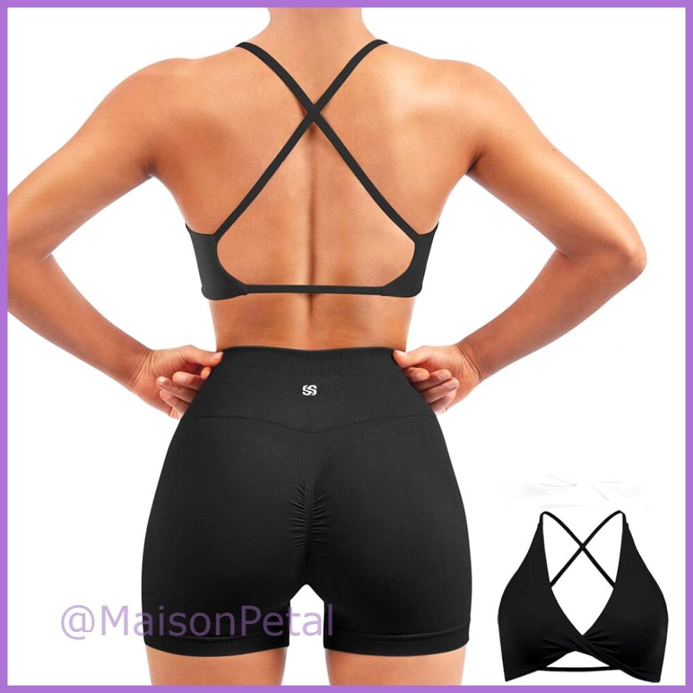 2 Piece Open Back Strappy Sports Bra Pack Twist V Neck Workout Crops
